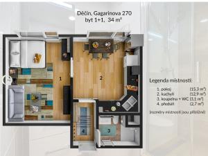 Pronájem bytu 1+1, Děčín - Děčín IX-Bynov, Gagarinova, 34 m2