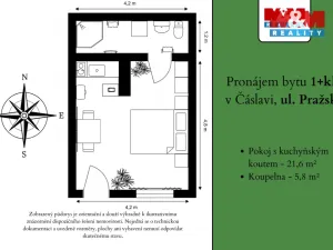 Pronájem bytu 1+kk, Čáslav - Čáslav-Nové Město, Pražská, 27 m2