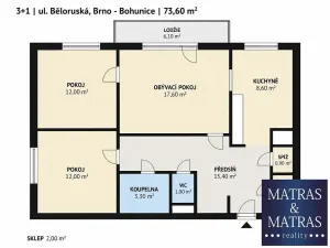 Prodej bytu 3+1, Brno, Běloruská, 73 m2