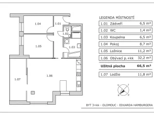 Prodej bytu 3+kk, Olomouc, Eduarda Hamburgera, 62 m2