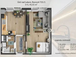 Pronájem bytu 1+1, Ústí nad Labem - Krásné Březno, Rozcestí, 41 m2