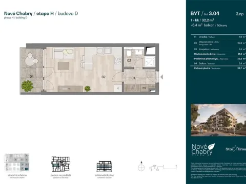 Prodej bytu 1+kk, Praha - Dolní Chabry, Bílenecké náměstí, 32 m2